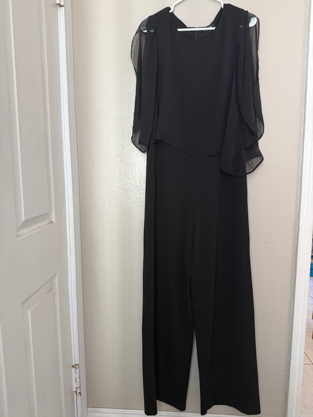 DKNY Black Wide-Leg Jumpsuit with Sheer Cape Sleeves
